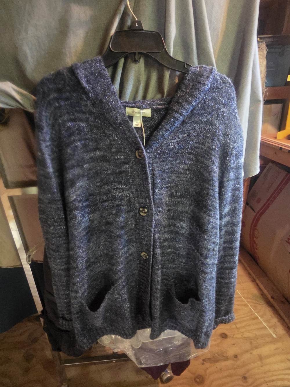 dressbarn Navy Heathered Button-Up Hooded Cardigan